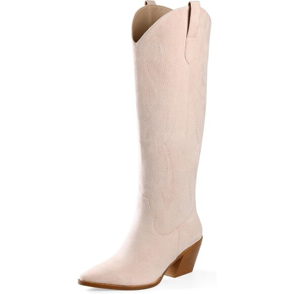 ⚡Women's Pink Knee High Pointed Toe And Block Heel Suede And Faux Leather Boots - Picture 1 of 5
